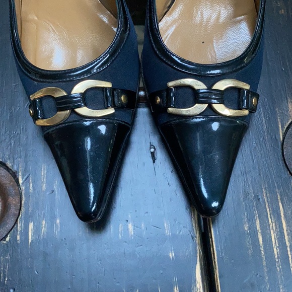 Stuart Weitzman Navy Heels with Brass Accents - Picture 3 of 10